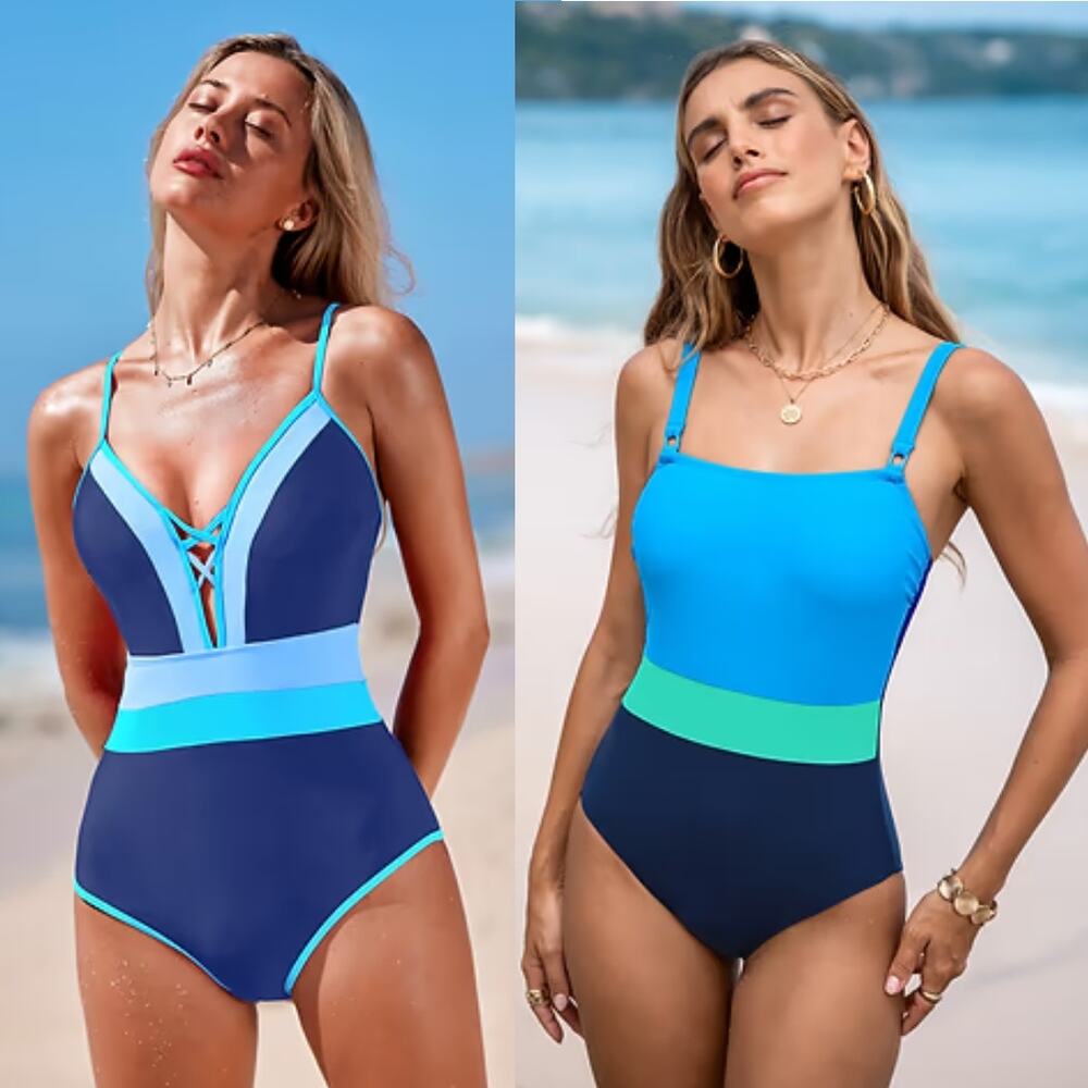 NWT Cupshe Underwire Colorblock Plunging Crossback One-Piece Swimsuit Bundle M
